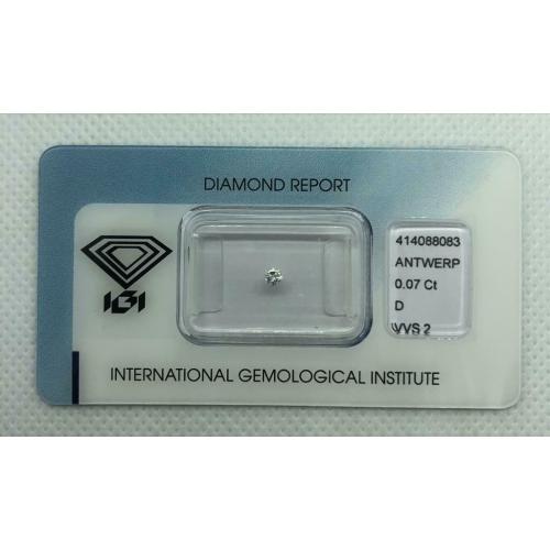 Diamant: 0.07 carat - Rond Brillant - D - VVS2 - IGI