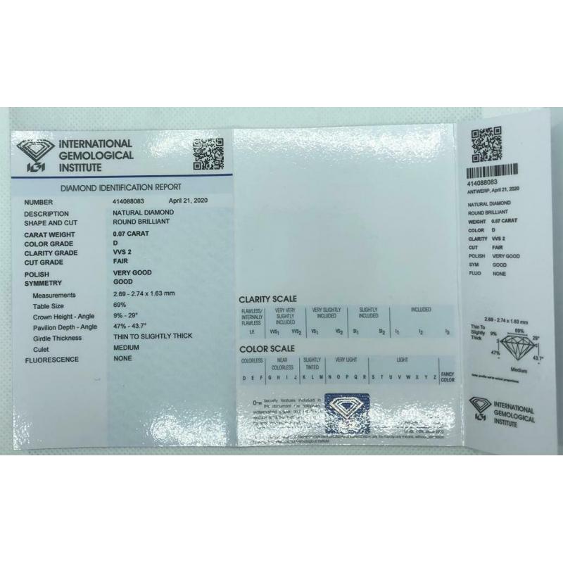 Diamant: 0.07 carat - Rond Brillant - D - VVS2 - IGI